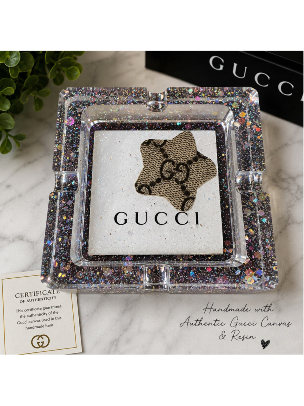 Handmade Resin Ashtray with Authentic Gucci Canvas & COA | Glitter Accent